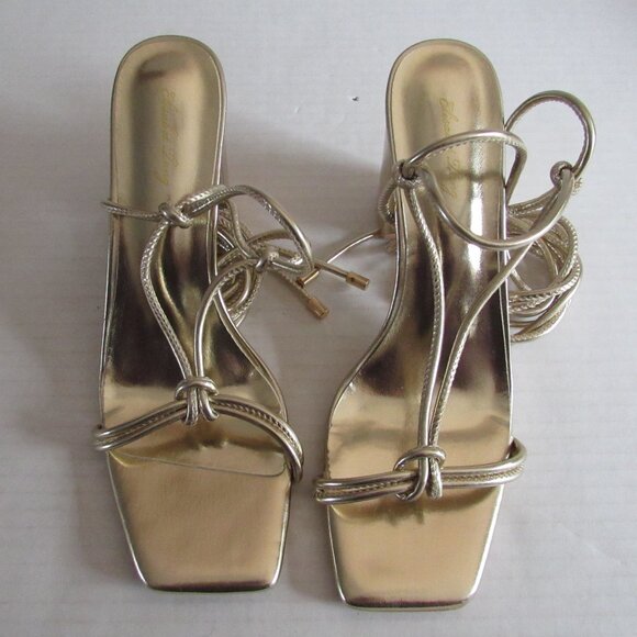 Elisabet Tang Metallic Gold Tie Up Block Heel Open Toe Sandals Size 9.5 - Picture 1 of 9
